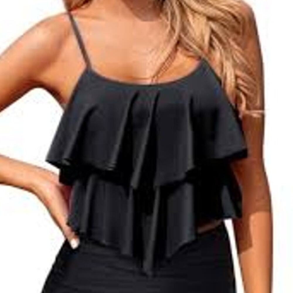 Marinavida Black Flounce Tankini Swim Top Women’s Medium Layered Ruffle NWT